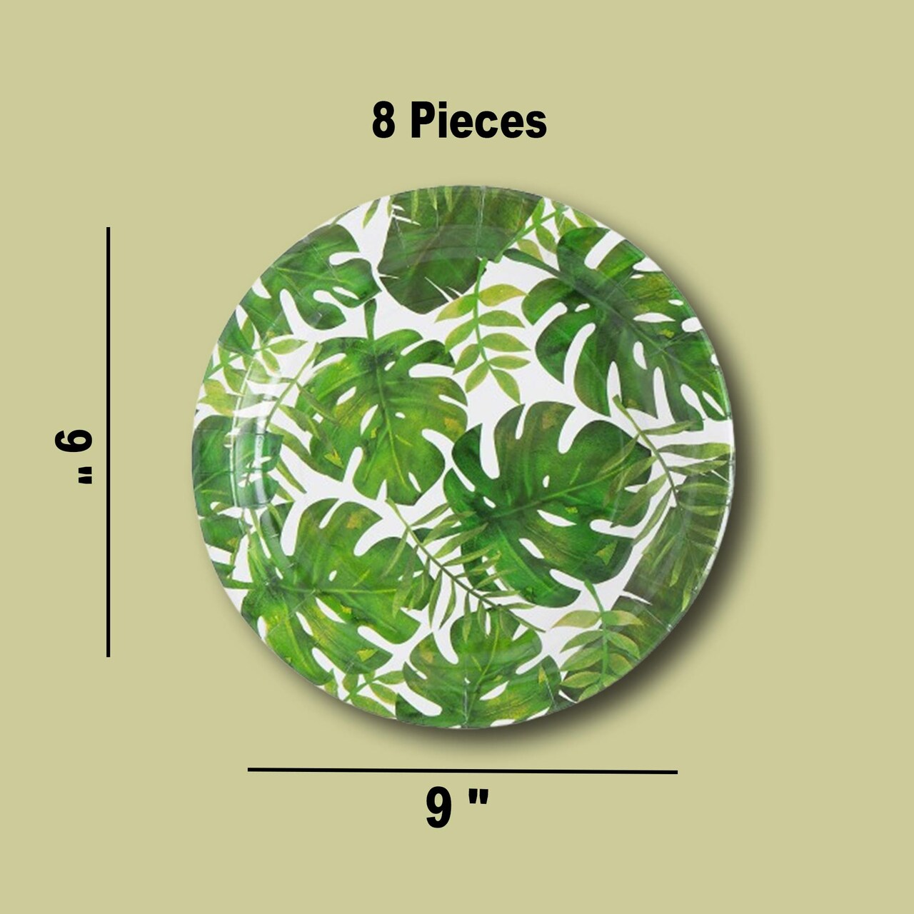8 Count Palm Leaf Tropical Party Paper Dinner Plates 9 Inch for Luau or Summer Celebration